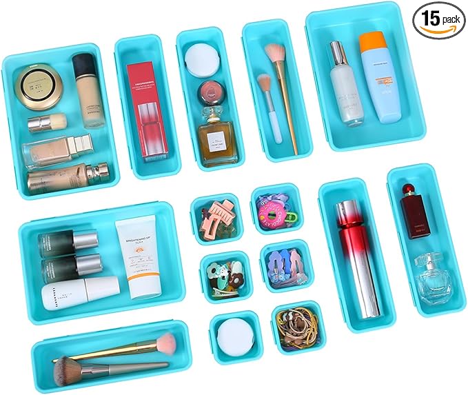 15 PCS Interlocking Desk Drawer Organizer Separator for Office,Bathroom,Kitchen,Makeup（Blue&Green）