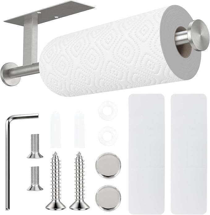 Paper Towel Holder Wall Mount - Self Adhesive No Drill or Drilling, SUS304 Stainless Steel - Kitchen, Bathroom, Sink, Pantry, Fridge (Silver)