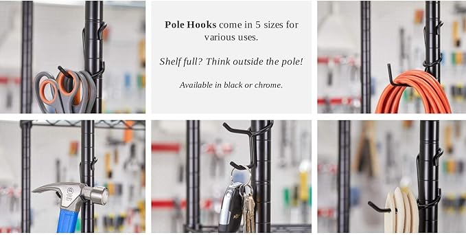 Shelf Pole Hooks 5-Pack | Chrome Variety Pack for Hanging | Snap-On Hooks for 1 Inch Poles | Wire & Metal Shelving Hooks for Kitchen, Garage & Home Organization