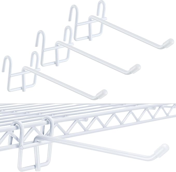MorningRo 4 Pcs Accessory Hooks for Wire Shelving with Rubber Cover Heavy Duty Metal Hooks for Hanging Kitchen Utensils Wire Shelf Accessories Room Organization (White)