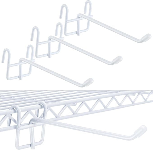 MorningRo 4 Pcs Accessory Hooks for Wire Shelving with Rubber Cover Heavy Duty Metal Hooks for Hanging Kitchen Utensils Wire Shelf Accessories Room Organization (White)