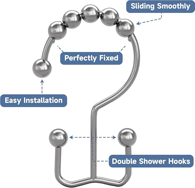 Titanker Double Shower Curtain Hooks, Rust Proof Shower Curtain Rings, Metal Shower Hooks for Bathroom Shower Rods Curtains, Set of 12 Hooks - Chrome