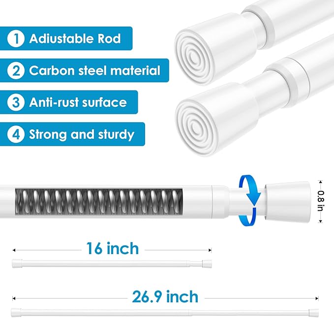 6pack White Tension Curtain Rod 16-26.9 inch Spring Tension Rod Curtain Rod Adjustable Spring Rod Extendable Tension Rod for Kitchen, Bathroom, Window, Closet.