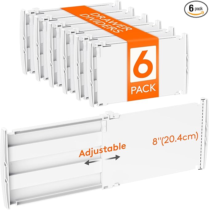 Lifewit 8" Tall 6 Pack Drawer Dividers, 35-56.5cm/13.8-22.2" Expandable Drawer Divider for Clothes, Adjustable Dresser Drawer Organizers, Drawers Separators for Dresser/Bathroom/Closet/Kitchen White