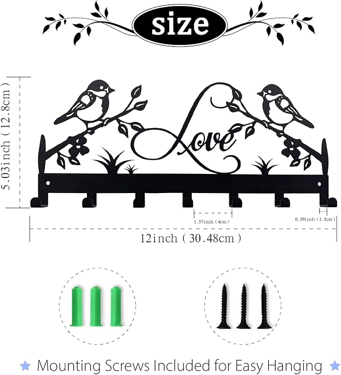 Metal Key Holder, Wall Mounted Key Hooks, Key Holder for Wall, Key Organizer Rack with 7 Hooks, Key Hanger Decor for Kitchen, Entryway, Hallway, Bedroom, Doorway (Birds 12IN)