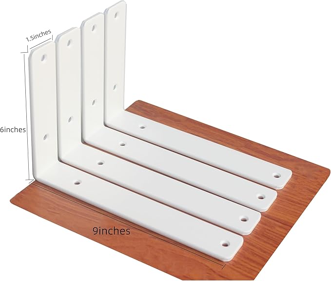 6 Pack - L 9" x H 6" x W1.5, 5mm Thick White L Shelf Bracket, Iron Shelf Brackets, Metal Shelf Brackets, Floating Shelf, Shelf Supports with Screws