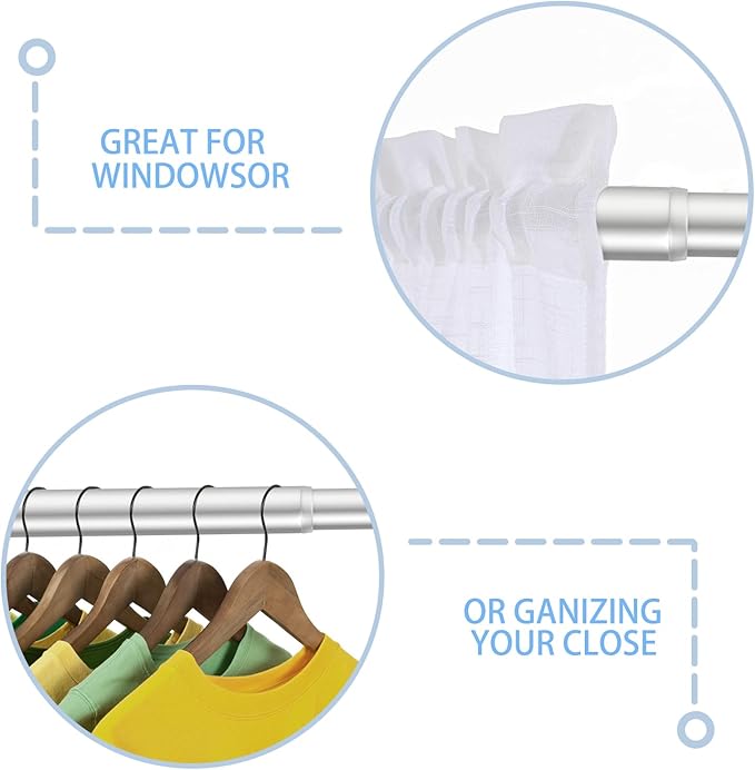 AIZESI Silver Tension Curtain Rod 16 to 26 Inch, 7/8” Diameter Spring Loaded Curtain Rods, Small Tension Rod for Window, Kitchen, Bathroom, Closet