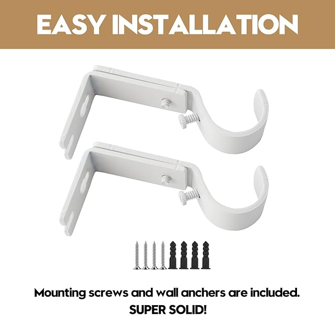 AddGrace Adjustable Curtain Rod Bracket Fits up to 1 inch Curtain Rod Sturdy Premium Brackets for Wall Set of 2 White
