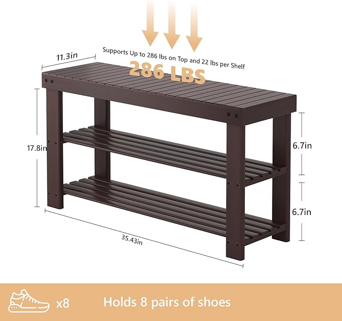Sweetcrispy Shoe Rack Bench, 3-Tier Bamboo Entryway Storage Organizer, 286lb Capacity, Shoes Stand for FrontDoor Entrance, Bedroom, Living Room, Bathroom, Balcony, 35 Inches Length, Brown