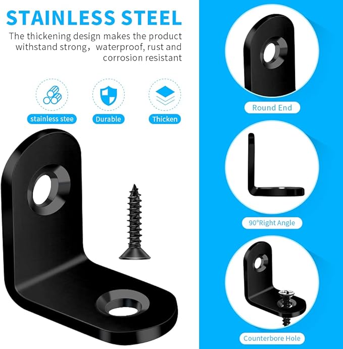 FATLODA 40PCS L Bracket, Metal Black Corner Brace, Stainless Steel Joint Right Angle Bracket Fastener for Wood Chair Bookshelf Furniture Cabinet with 80PCS Screws (20mmx20mm)