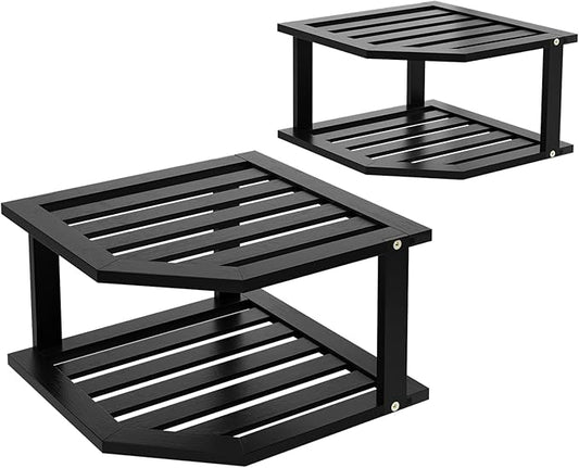 Bamboo Corner Shelf(2 Pack),2 Tier Plate Organizer for Cabinet and Countertop,Pantry Dish and Spice Rack for Kitchen(Black)