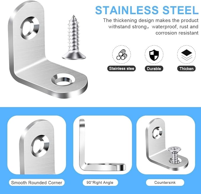 FATLODA 40pcs L Bracket Corner Brace, Stainless Steel Corner Bracket Fastener for Wood Chair Bookshelf Furniture Cabinet with 80pcs Screws (20mmx20mm)