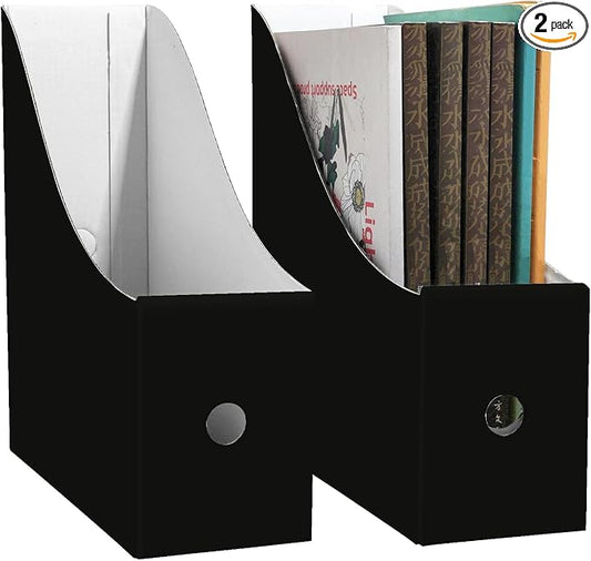 Limitliho 2 Pack Black Cardboard Magazine File Holder for Desktop, Book Bins for Classroom Library, Office or Home, Vertical Paper Boxes for Storage with Label(10.6" H x 10.2" L x 3.5" W in)