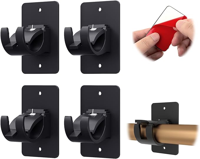 CIEMGNZOC 4 PCS Curtain Rod Bracket Holder, Universal Self Adhesive Wall Mount fits Support Curtain 0.6'' to 1.5'' Curtain Rod, Curtain Rod Hooks for Bathroom Kitchen(Curtain Rod Not Included)(Black)