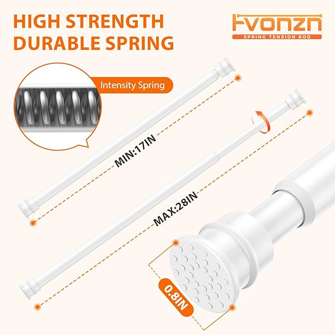 Tension Curtain Rod 17 to 28 Inch Adjustable Tension Rods 2 Pack Expandable Spring Tension Rod White No Drilling for Closet Kitchen Cupboard Wardrobe Door Bookshelf DIY Projects