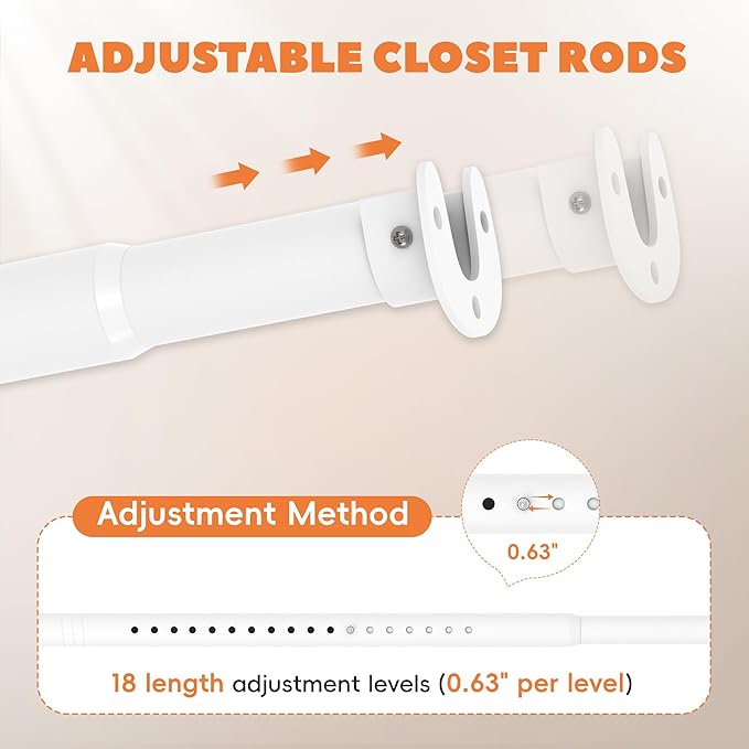 Closet Rod 17-39 Inches, Adjustable Heavy Duty Metal White Closet Rods for Hanging Clothes 1.3 Inches Diameter for Wardrobes Laundry