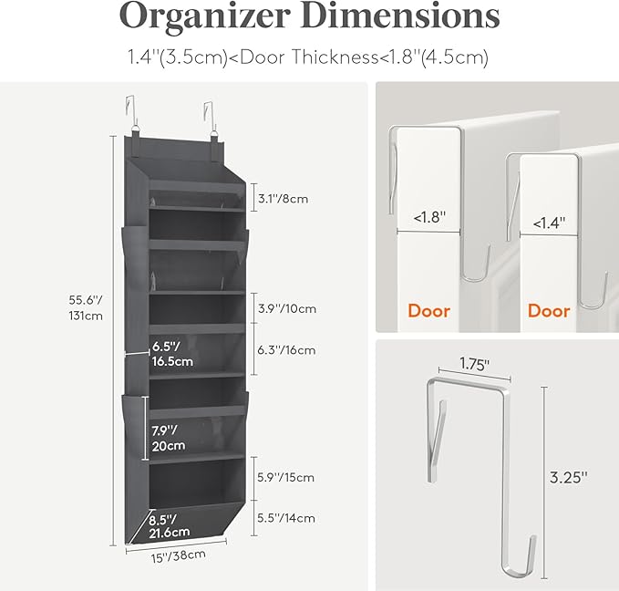 Lifewit 1 Pack Over the Door Organizer, 5 Section Clear Window Hanging Storage with 4 Side Pockets, Sturdy Anti Tilt 40 lbs Load Behind Door for Closet, Bedroom, Bathroom, Nursery, Dorm, Gray