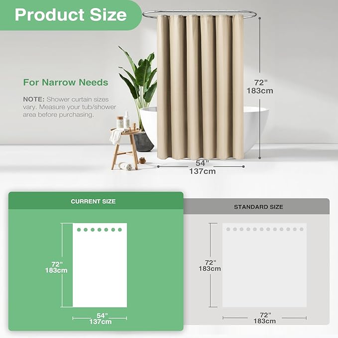 Dynamene Stall Fabric Shower Curtain - 54 inch Wide Waffle Weave Weighted Thick Cloth Shower Curtains for Bathroom, Heavy Duty Hotel Spa Luxury Bath Curtain Set with 10 Hooks, 54x72, Beige/Khaki