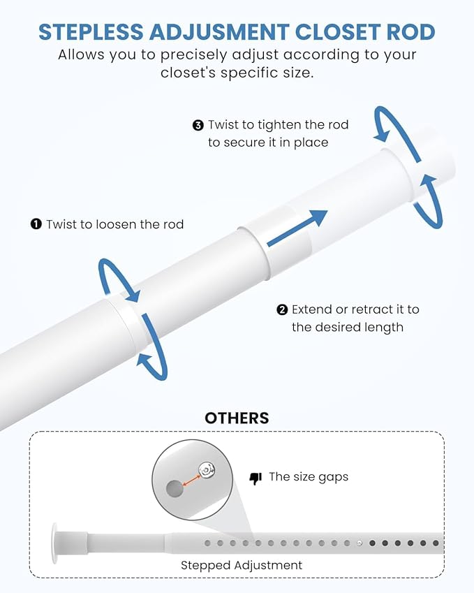 2 PACK Closet Rods for Hanging Clothes, 17 to 28 Inches Stepless Adjustable Metal Closet Rod, 1.3 Inches Heavy Duty Clothes Hanging Rod for Closet Wardrobes Laundry RV, White