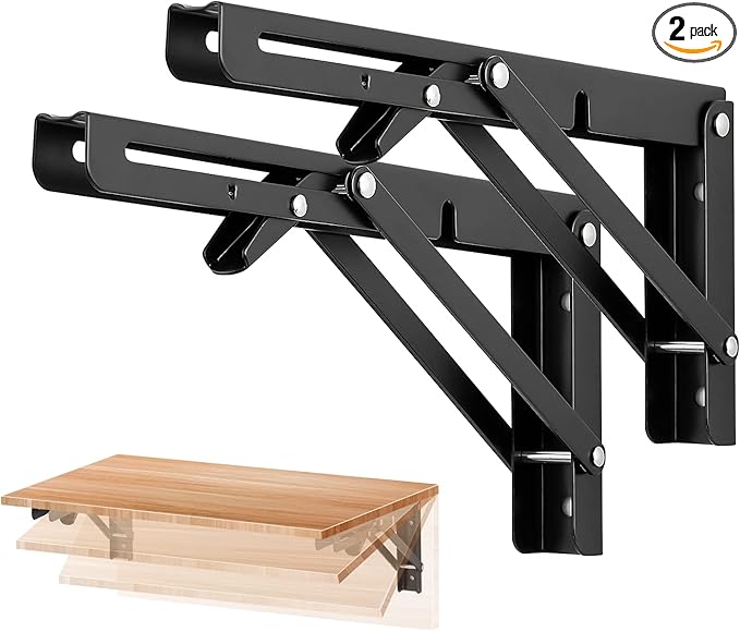 Ravinte 2 Pack 10 Inch Folding Shelf Brackets – Matte Black, Heavy Duty Collapsible Brackets for Tables and Benches – Space-Saving Design