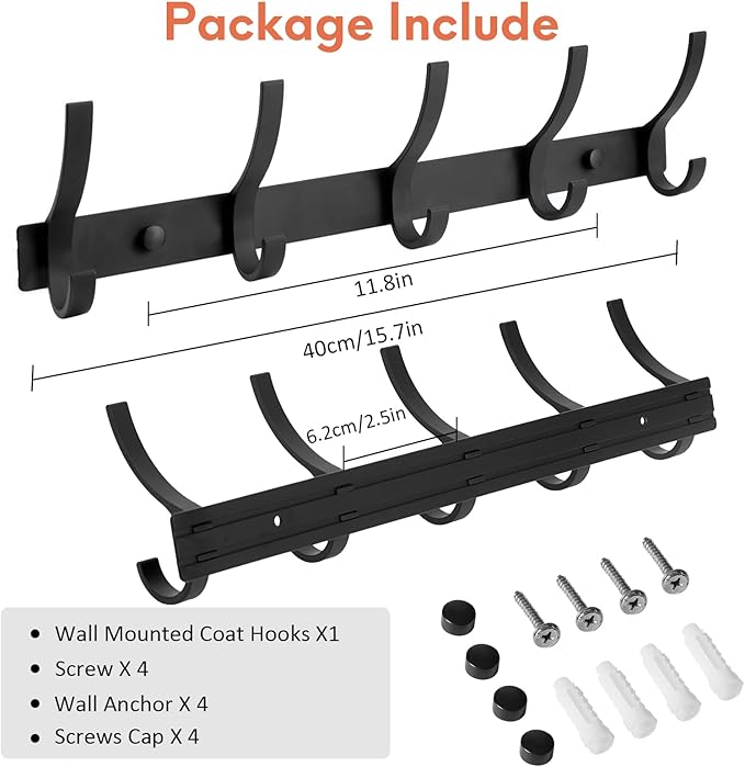 Optish Coat Rack Wall Mount, Coat Hook Wall Mount, Wall Hooks for Hanging, Hat Rack for Walls, Coats Hanger with 10 Hook, Towel Hooks for Bathrooms (1 Pack, Black)