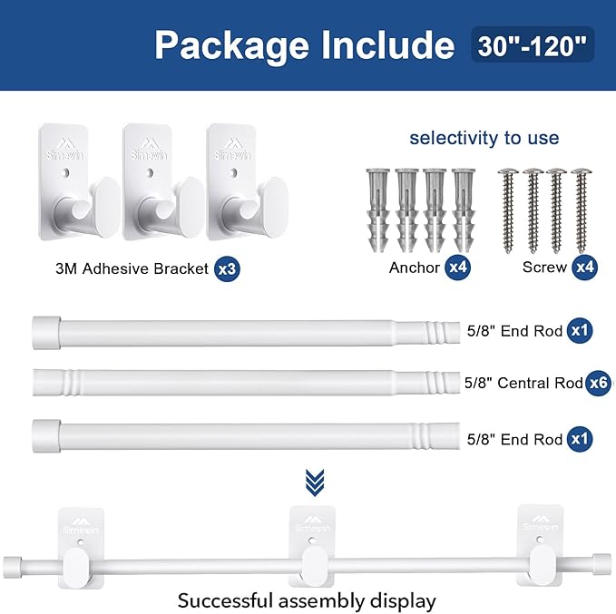SIMEWIN Curtain Rods No Drilling for Windows 30 to 120 Inches, 5/8 Inch Diameter No Drill Small Curtain Rod Set with 3M Adhesive Brackets, White