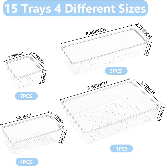 Clear Drawer Organizer Set, 4 Sizes Desk Drawer Divider Organizers Storage Bins for Bathroom,Kitchen,Office,Vanity Organizers Tray for Jewelry (15PACK)