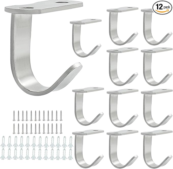 Piutouyar 12 Pack Silver Screw Mounted Ceiling Hooks, Heavy Duty Under-Shelf Coat Hook, Stainless Steel Towel/Robe Clothes Hook Hanger for Cabinet, Kitchen, Cupboard, Bathroom