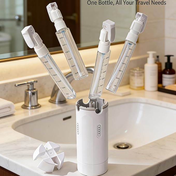 4 in 1 Travel Dispenser, 4 Pack 30ML Travel Bottles with Stickers for Toiletries, Leak Proof Travel Size Containers, Portable for Shampoo Lotion Conditioner Cream White
