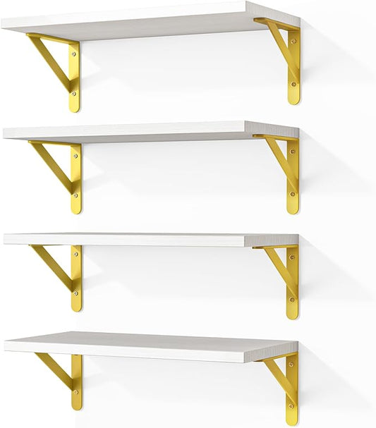 Fixwal White Shelves, Wood Wall Floating Mounted Shelves for Bedroom, Bathroom, Living Room, Kitchen Storage and Decor(White, Set of 4, 16.5 Inch)