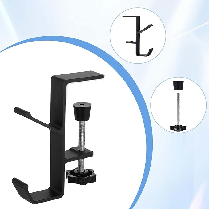 YUANQIAN Clamp-On Under Desk Headphone Holder Backpack Hook Students' Desk Hook with Adjustable Arm Clamp Women's Bag Handbag and Purse Holder -Suitable for Plate Between 1-5cm (3Pack Black, 3)