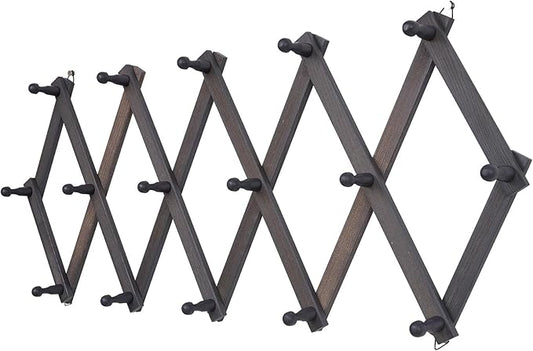 SCUNDA Rustic Wall Mounted Hat Rack with Space Saving Accordion Design, Expandable Hat Holder with 16 Wood Hooks, Modern Farmhouse Wall Hanger for Mug, Coat, Bags(Shabby Grey)