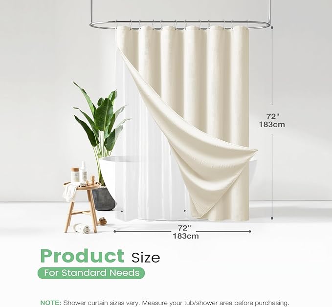 Dynamene Ivory Shower Curtain and Liner Set, Waffle Weave Fabric, Waterproof Clear Liner, 256GSM Heavy Duty Weighted Hotel Luxury Cloth Shower Curtains for Bathroom with 12 Plastic Hooks, 72Wx72H