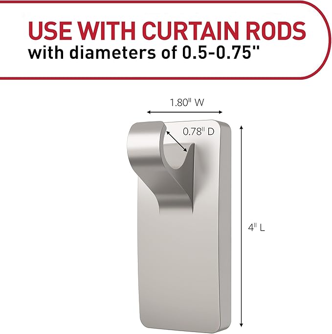 Command 10 lb Satin Nickel Curtain Rod Hooks, 2 Hangers and 4 Strips, No Drilling Home Decor and Room Decor, Use with Rod Diameters 0.5-0.75"