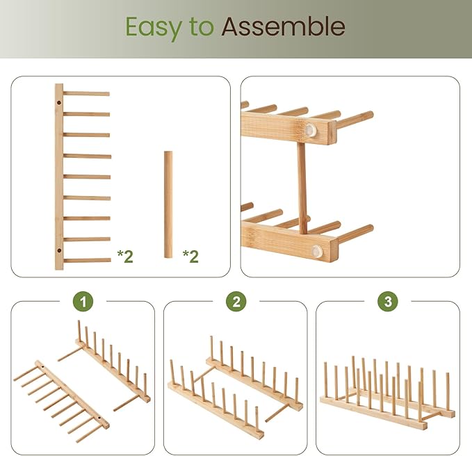 4 Pack Bamboo Wooden Dish Rack-Plate Pot Lid Cutting Board Organizer Holder Rack for Cabinet-Kitchen Cabinet Organizer for Dish, Pots, Lids, Bowls, Bottles, Books, and Puzzle