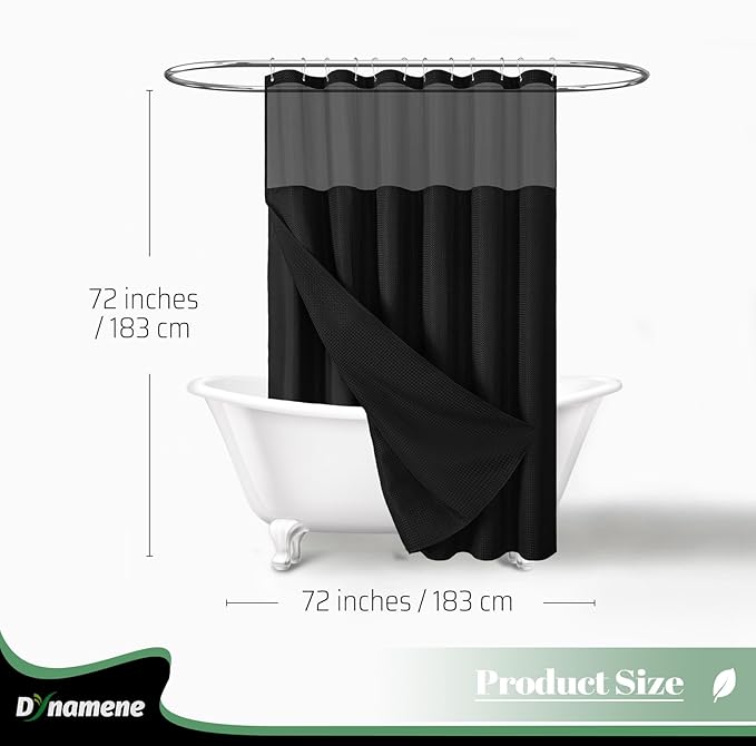 Dynamene Fabric Shower Curtain with Snap in Liner, Black Waffle Hotel Shower Curtains for Bathroom, Washable Waterproof Cloth Shower Curtain Liner Set with Plastic Hooks, Mesh Top Window, 72x72