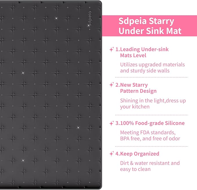 Sdpeia Under Sink Mat 31"×22" Waterproof Silicone Cabinet Liner & Sink Protector for Kitchen & Bathroom, Multi-Purpose Organizers Tray for Pets, Laundry, Cat Litter Mat, Black