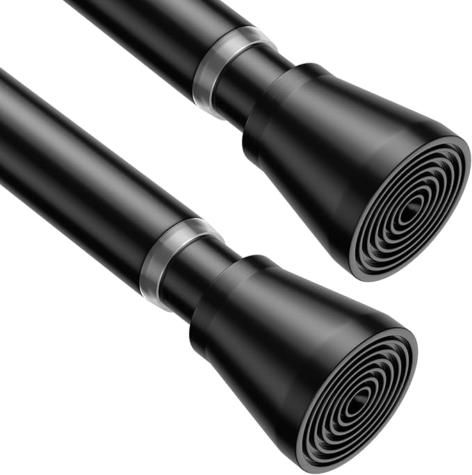 2 Pack Spring Tension Rods 30-64 Inches, 7/8 Inch Diameter Black No Drill Spring Loaded Adjustable Extendable, Small Short Tension Curtain Rod for Windows Kitchen Doorway Closet Cupboard