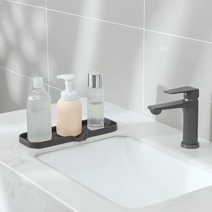 MicoYang Silicone Soap Dish with Drain Spout — Self-Draining Double Sink Organizer Tray for Kitchen & Bathroom, Dispensers, Sponges & Soap Holder, Non-Slip & Dishwasher Safe, Coffee (Large, 12"×4")