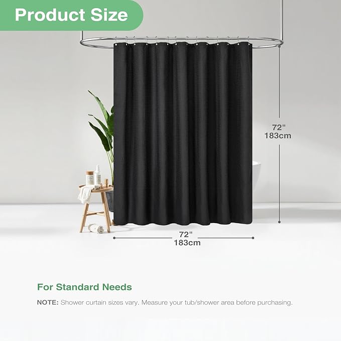 Dynamene Black Fabric Shower Curtain, Waffle Weave Heavy Duty Thick Fabric Shower Curtains for Bathroom, 256GSM Weighted Hotel Luxury Cloth Shower Curtain Set with 12 Plastic Hooks, 72Wx72H, Black