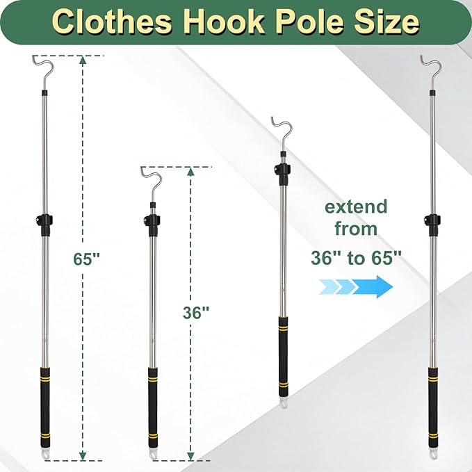 Heavy Duty Closet Hanger Reaching Pole,36" to 65" Clothes Hook Pole Telescoping Pole S Hooks for Plant Stainless Steel Pipe Sturdiness Lightweight Non-Slip Soft Sponge Handle Rod