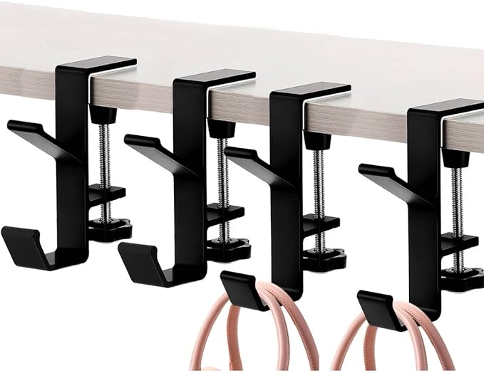 YUANQIAN Clamp-On Under Desk Headphone Holder Backpack Hook Students' Desk Hook with Adjustable Arm Clamp Women's Bag Handbag and Purse Holder -Suitable for Plate Between 1-5cm (4Pack Black, 4)