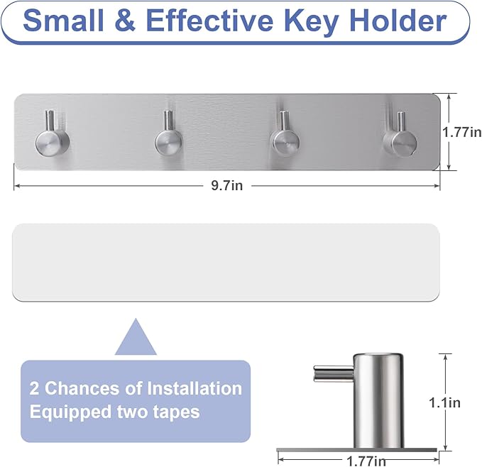Key Holder with 4 Hooks,Key Hanger Organizer for Wall Mount with 2 Self-Adhesive Tapes,Metal Key Rack for Entryway, Door, Bathroom, Kitchen(Silver)