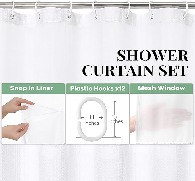 Dynamene Fabric Shower Curtain with Snap in Liner, White Waffle Hotel Shower Curtains for Bathroom, Washable Waterproof Cloth Shower Curtain Liner Set with Plastic Hooks, Mesh Top Window, 72x72