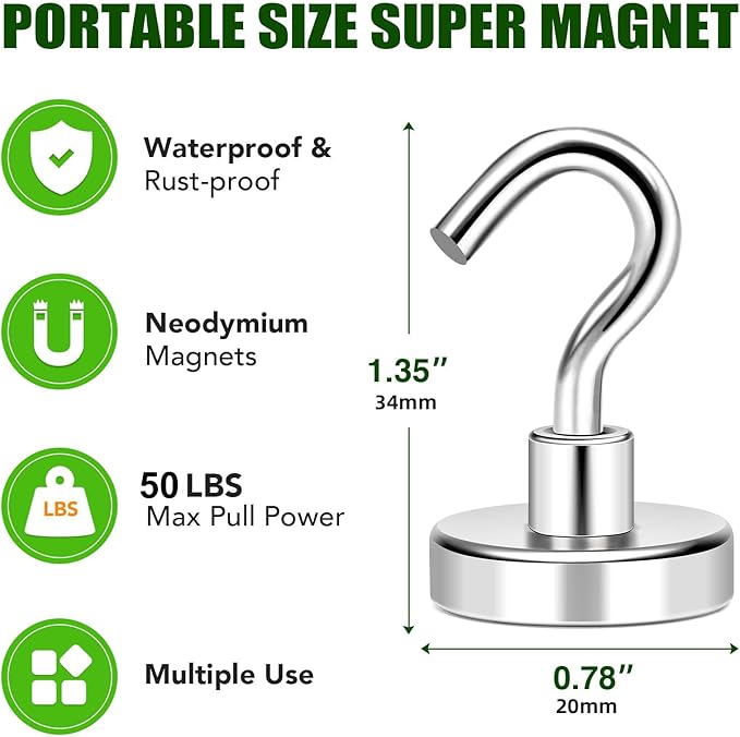 MIKEDE Magnetic Hooks 50Lbs Heavy Duty Earth Magnets with Hooks for Cruise Cabin Strong Magnet Hooks for Hanging Super Metal Magnetic Hanger for Grill Fridge Kitchen - Pack of 20