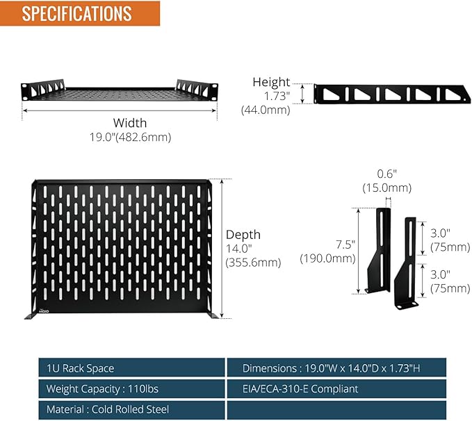 Tecmojo 1U Rack Shelf, 19 inch Depth, Anti-Slip Stops, Server & Network Shelf for 19 in Equipments, 110lbs Vented Capacity, No Lip (2 Pack)
