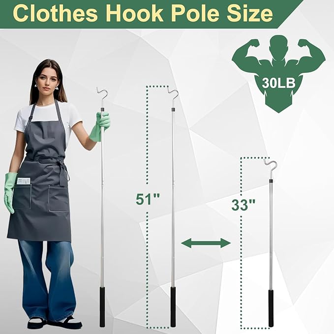 Clothing Hook Pole,51 Inch Closet Pole Reach with Hook Stainless Steel Sponge Handle Length Clothes Hook Pole Get Clothes From High Places Be Used Shutters Ceiling