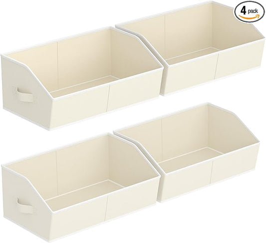 Storage Bins for Shelves - Large Trapezoid Closet Shelf Organizer, Fabric Organization Bins with Handles, Storage Baskets for Clothes, Towel, Purse, 4 Pack, Beige