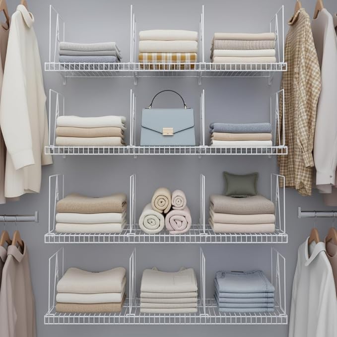 Wire Shelf Dividers - White Closet Organization & Storage Organizer - No Tool Shelf Divider for Wire Shelves - Metal Shelf Accessories – for 12“ Deep Wire Shelves – Tall 12” Height – 16 Pack