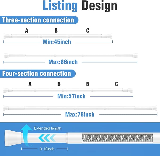 AIZESI Tension Curtain Rod for Windows 45 to 77 Inch, Adjustable Expandable Spring Curtain Rods No Drilling, Non Slip Curtain Rod for Bedroom Doorway Closet Door, White